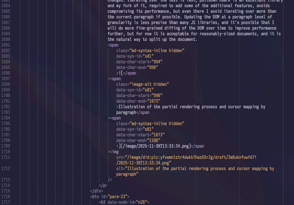 Formatted view of a snapshot of the DOM generated for this entry, showing syntax spans and paragraph boundaries and IDs.