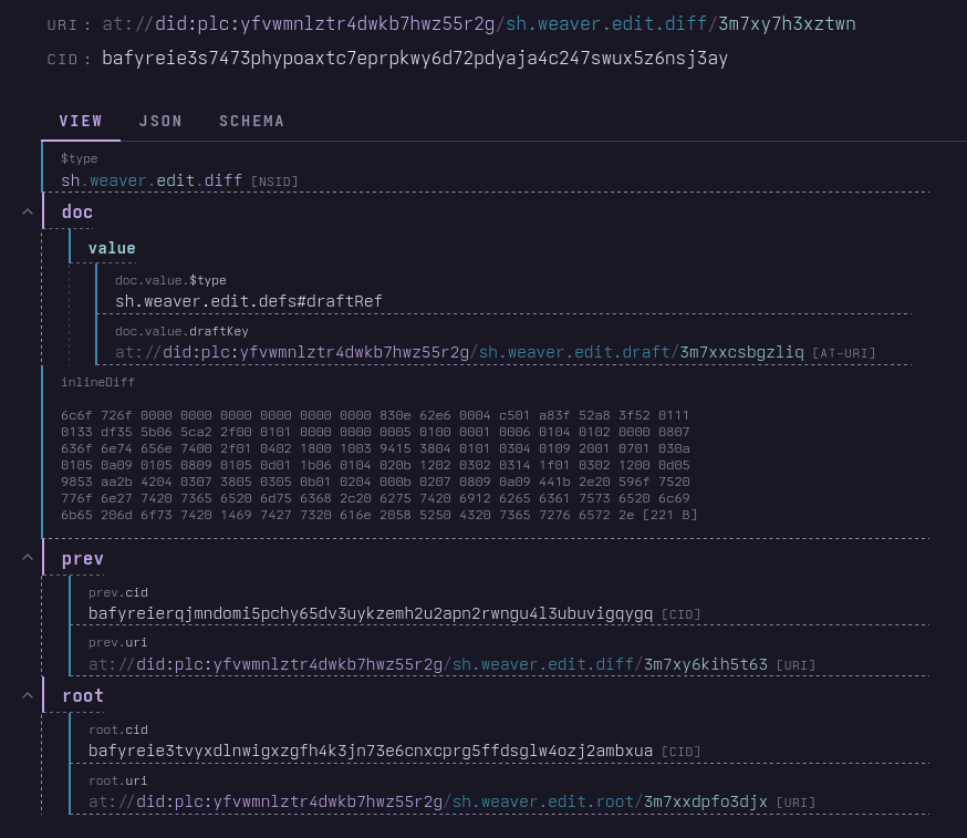 Screenshot of weaver record viewer, showing an inline diff from a draft
