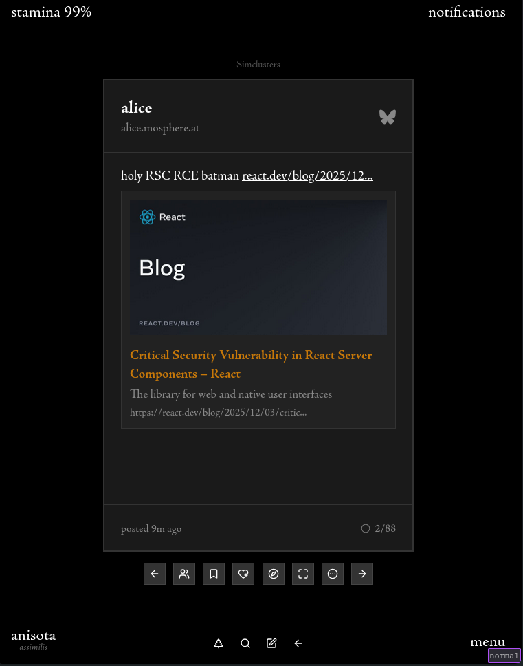 Anisota screenshot, showing the interface with a post in view. It has dark, minimalist styling, serif fonts, and a pretty unorthodox UX